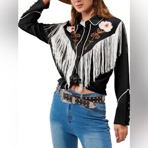 JOHN MOON Women's Floral Embroidered Fringe Western Shirts Rodeo  Cowgirl